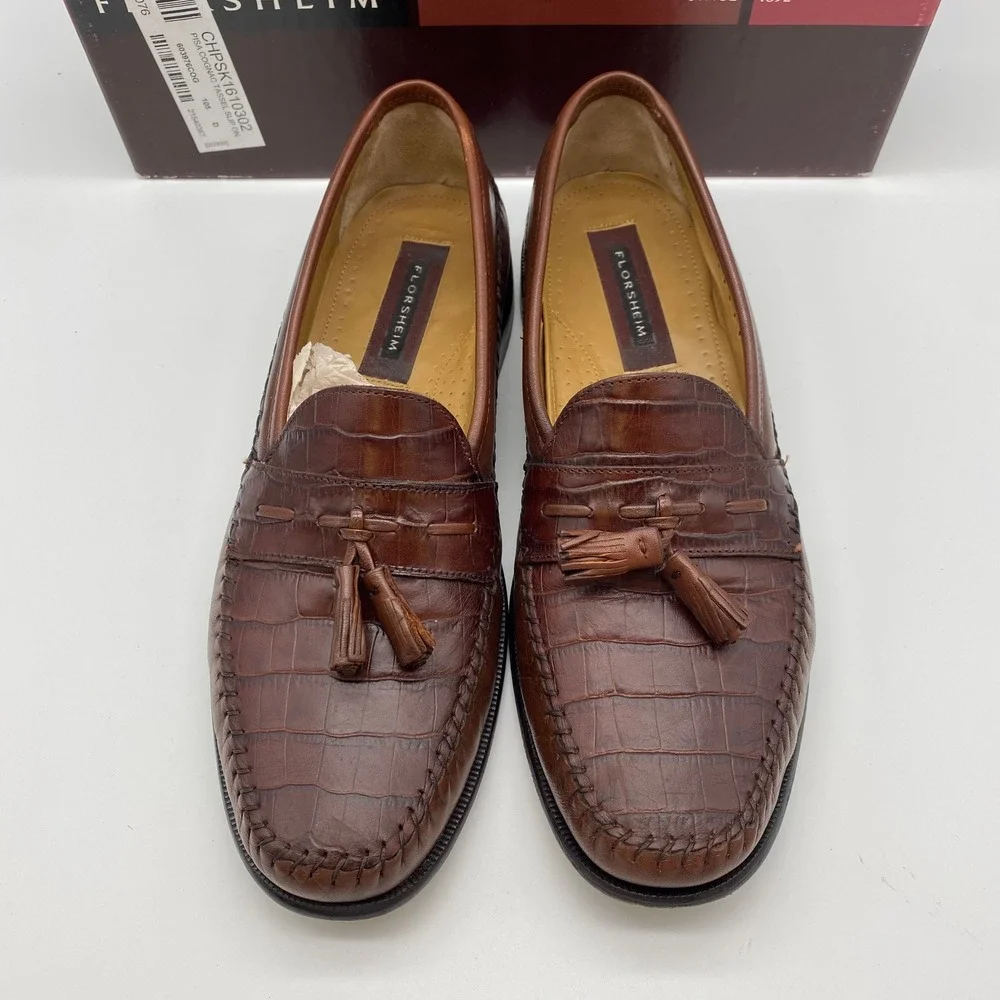 Florsheim Pisa Tassel Loafers Mens 10.5 D Cognac Leather Croc Embossed 18469